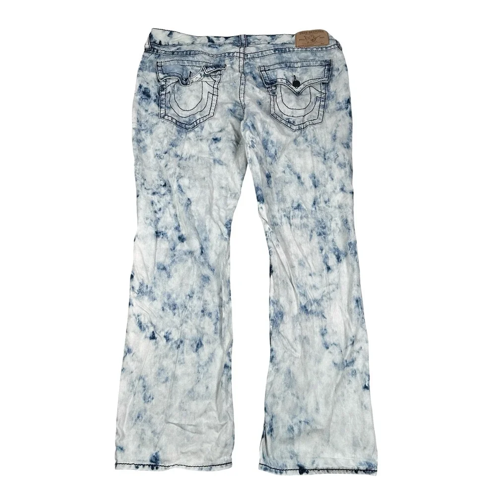 True Religion Straight Flap Acid Wash Jeans Blue White Mens‎ 44 Contrast Stitch
